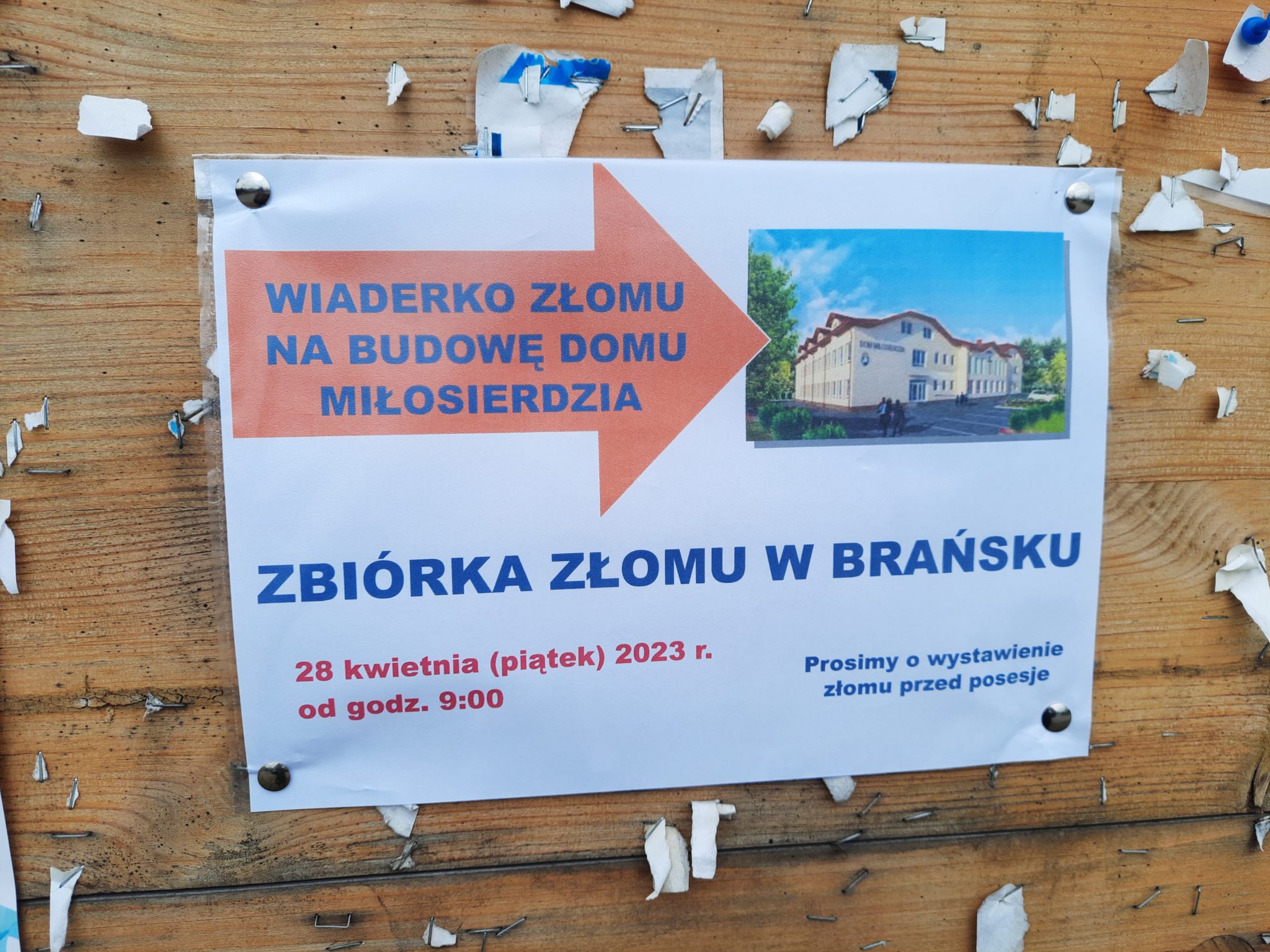 Zbiórka złomu na budowę domu w Miłosierdziu. Zbiórka złomu w Brańsku odbędzie się 28 kwietnia 2023 r. o godzinie 9:00. Prosimy o wywieszenie głosu przed ponowną.