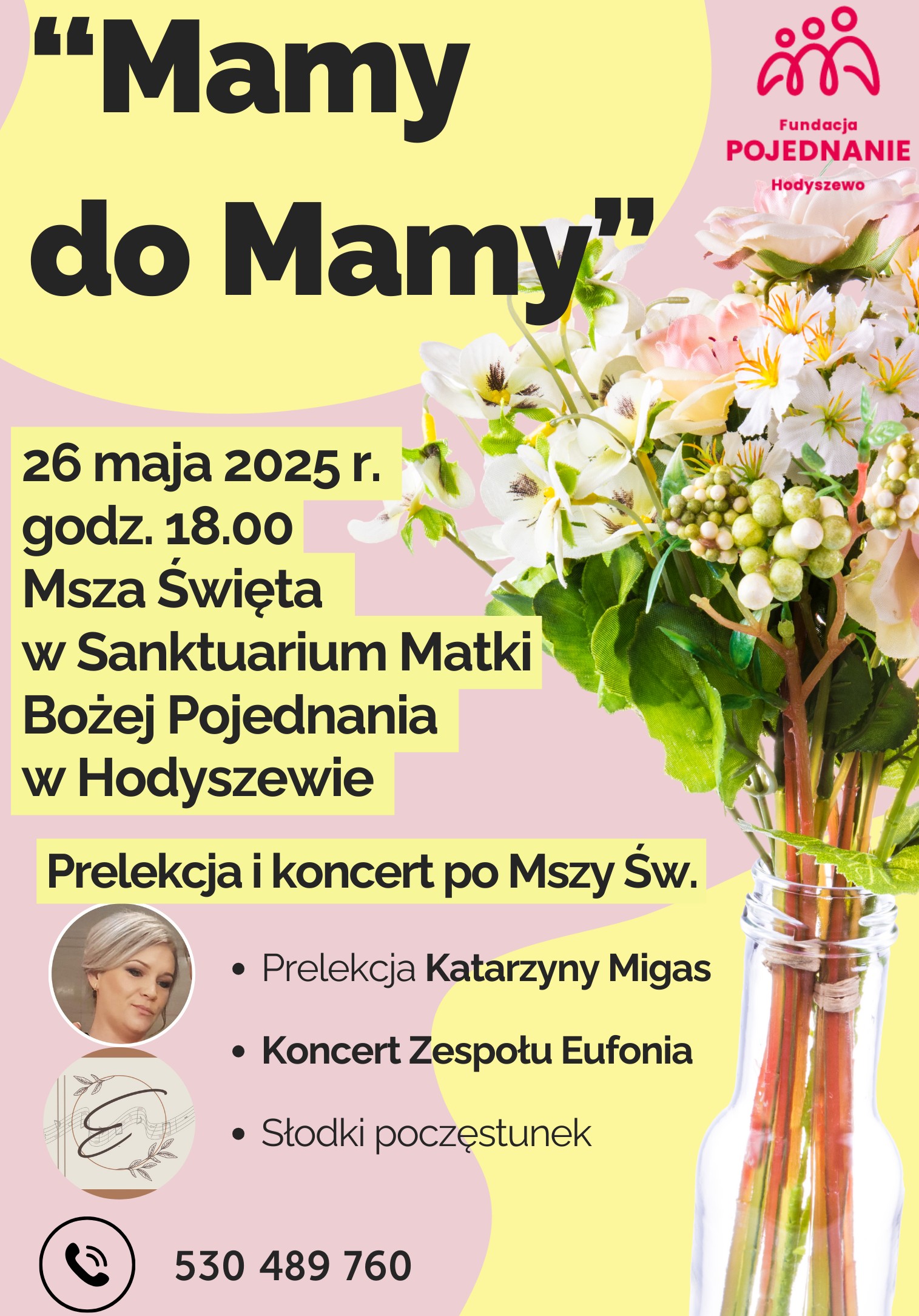 Plakat zapowiadający wydarzenie „Mamy do Mamy” z datą i godziną Mszy Świętej oraz informacjami o prelekcji, koncercie i poczęstunku.