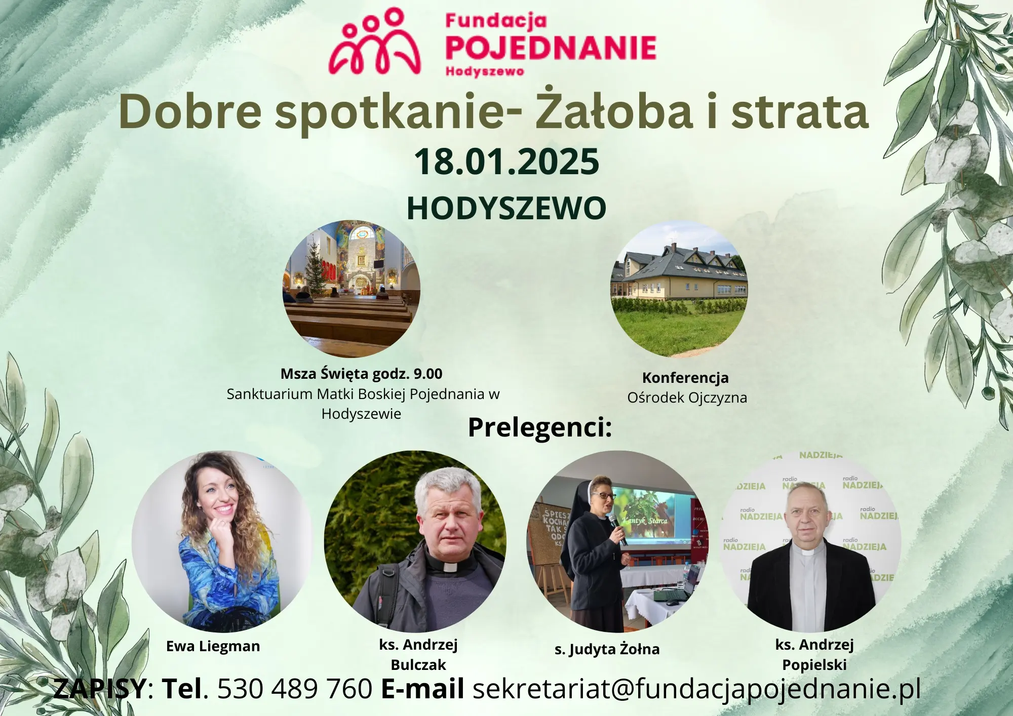 Plakat spotkania „Żałoba i strata” 18 stycznia 2025 roku w Hodyszewie, z Mszą Świętą, konferencją i zdjęciami czworga prelegentów.
