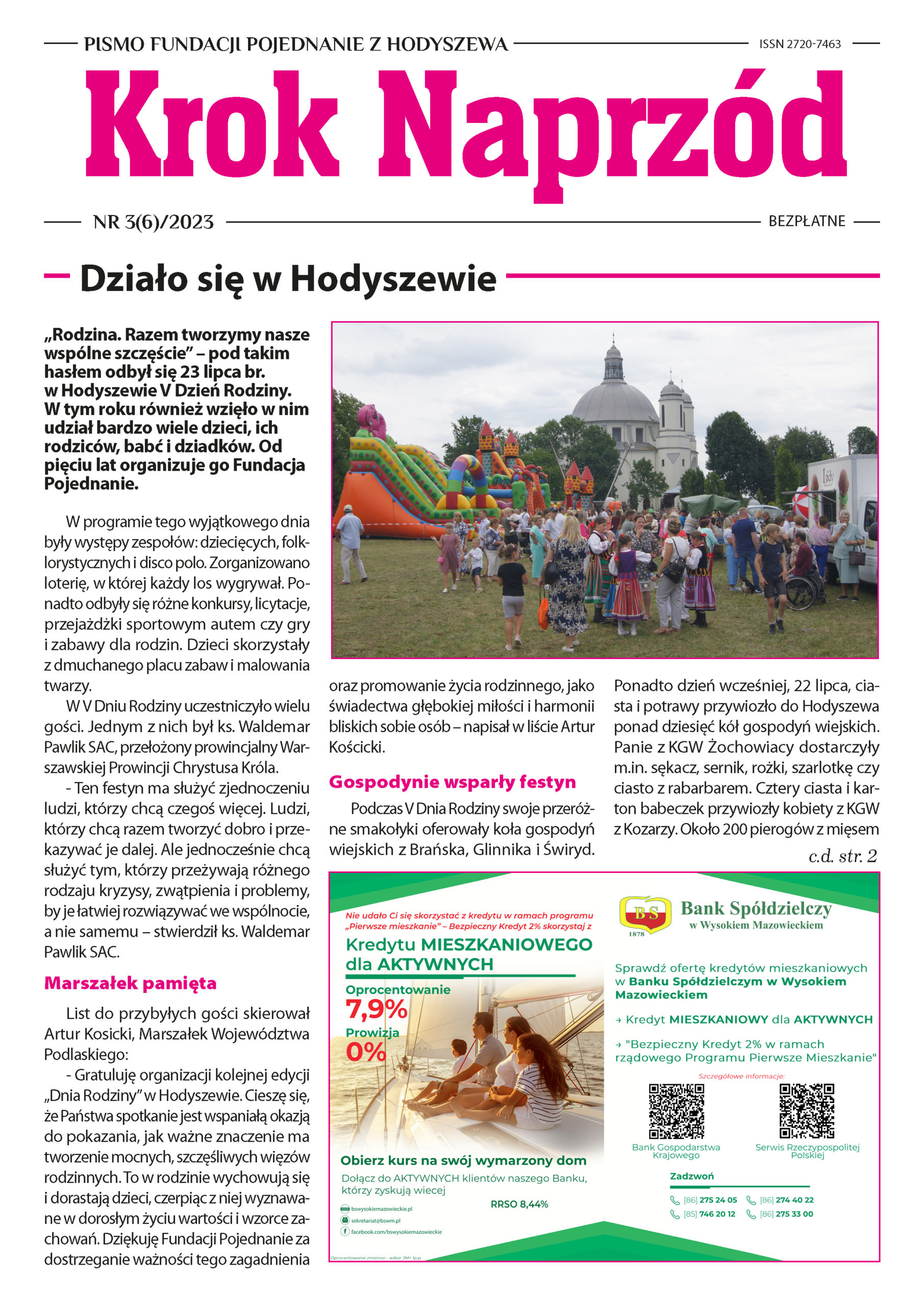 Plakat z tekstem "Krok Naprzód". Na pierwszym planie znajduje się tytuł i numer wydania. W tle widoczne zdjęcia przedstawiające wydarzenie, dzieci i osoby w strojach roboczych. Kolorystyka to głównie pomarańczowy i niebieski.