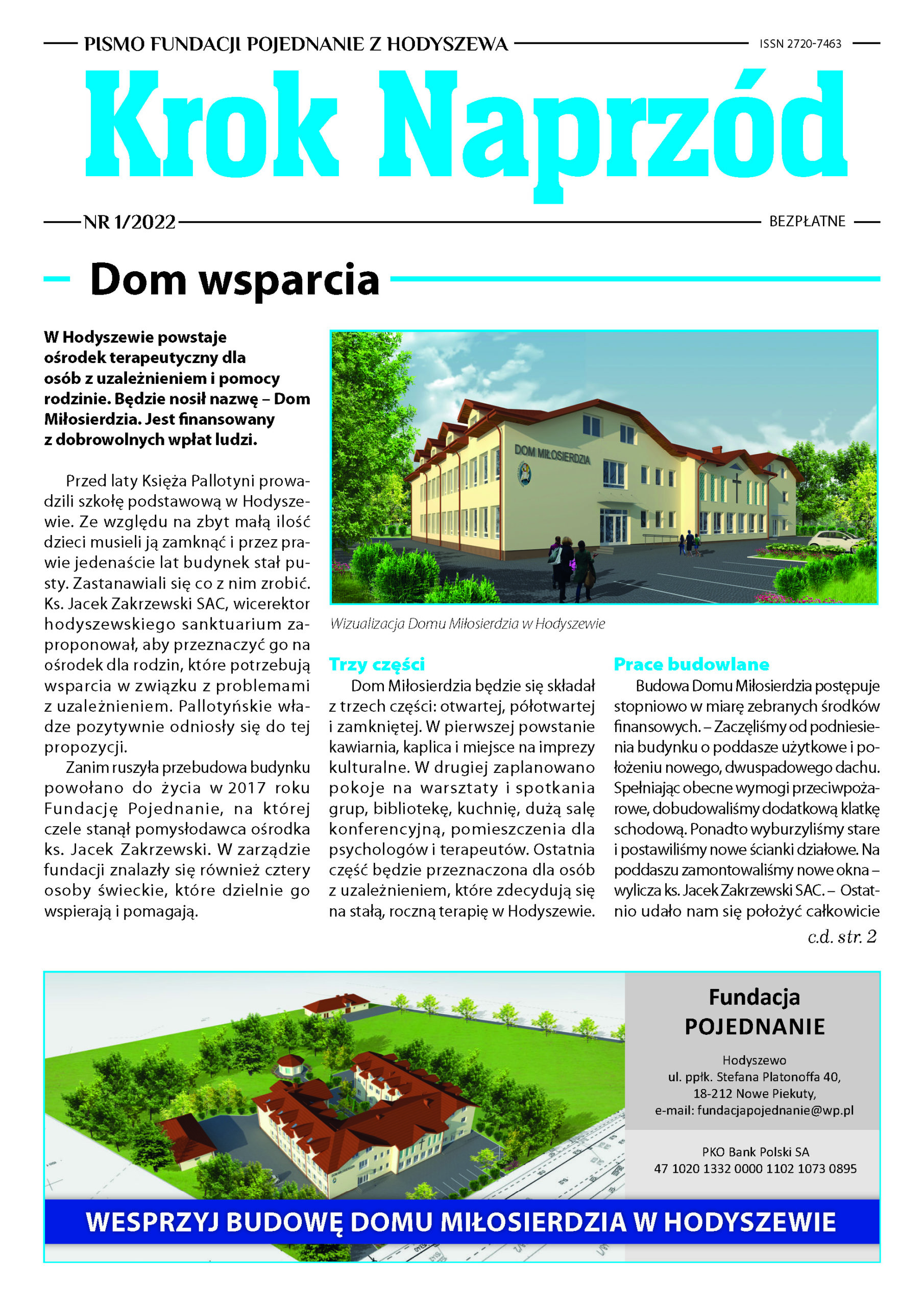 Plakat z kolorowym obrazkiem przedstawiającym nowoczesny budynek oraz tekstem. Na pierwszym planie widoczny jest rysunek domu z podwórz, a na tle tytuł „Krok Naprzód”.
