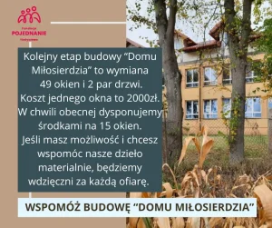 Grafika zbiórki na Dom Miłosierdzia: do montażu pozostaje 49 okien i 12 par drzwi, koszt jednego okna to 2000 zł; apel o wsparcie budowy.