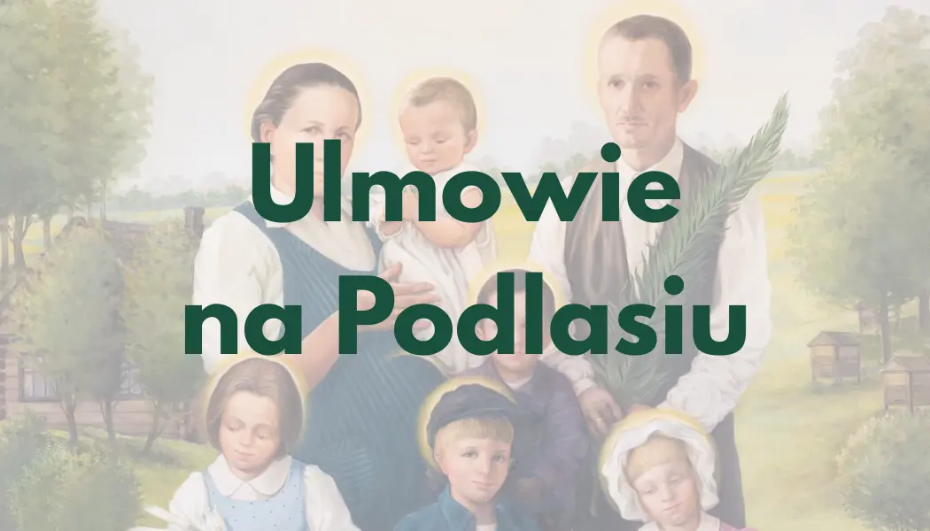 Plakietka przedstawiająca rodzinę o nazwie „Ułomowie na Podlasiu”. Na obrazie widać cztery dzieci i dwoje dorosłych, a w tle pejzaż z drzewami. Plakat ma kolorowe tło.