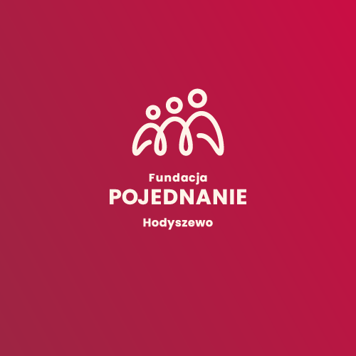 Plakat z logo Fundacji Pojednanie. Logo przedstawia trzy sylwetki ludzi połączone liniami, a pod nim napis "Fundacja POJEDNANIE" i "Hodszyzewo".